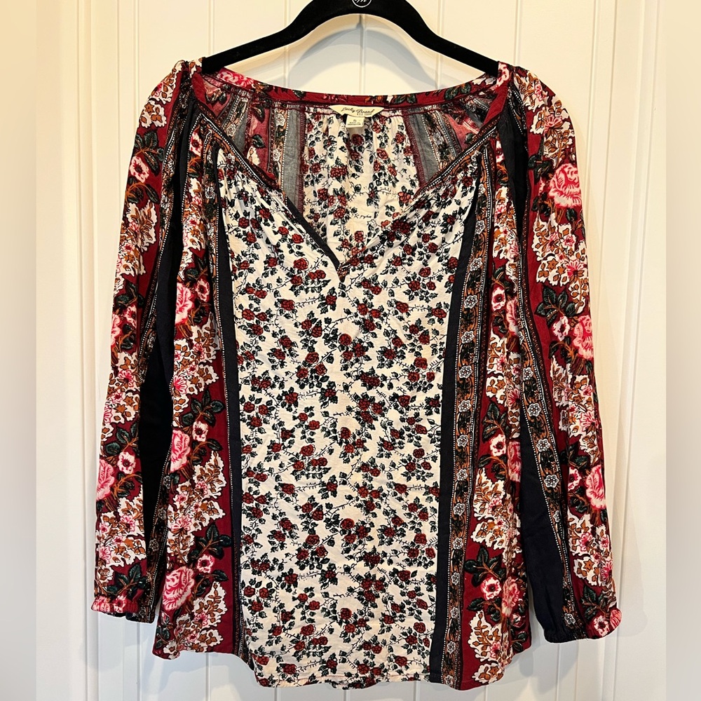 Lucky Brand Boho Top V-neck Floral
Long Sleeve Mixed Media Womens Top SZ Small